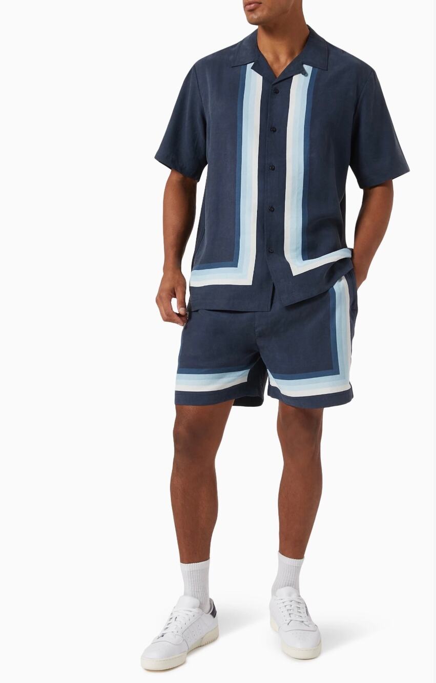 KITH Boarder Stripe Thompson Camp Collar Shirt in Nocturnal Size XL